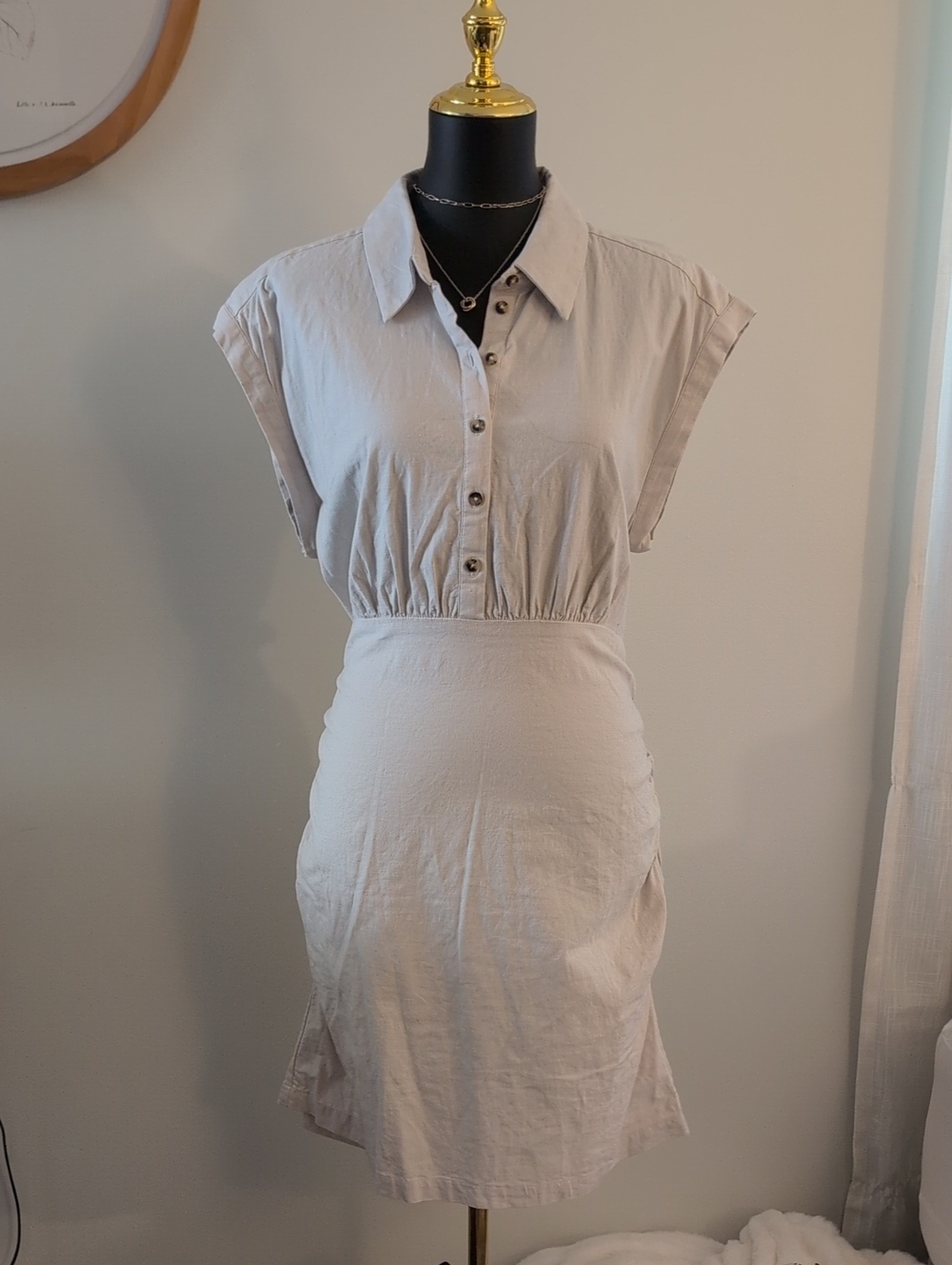 Anthropologie Beige Cap-Sleeve Shirt Dress